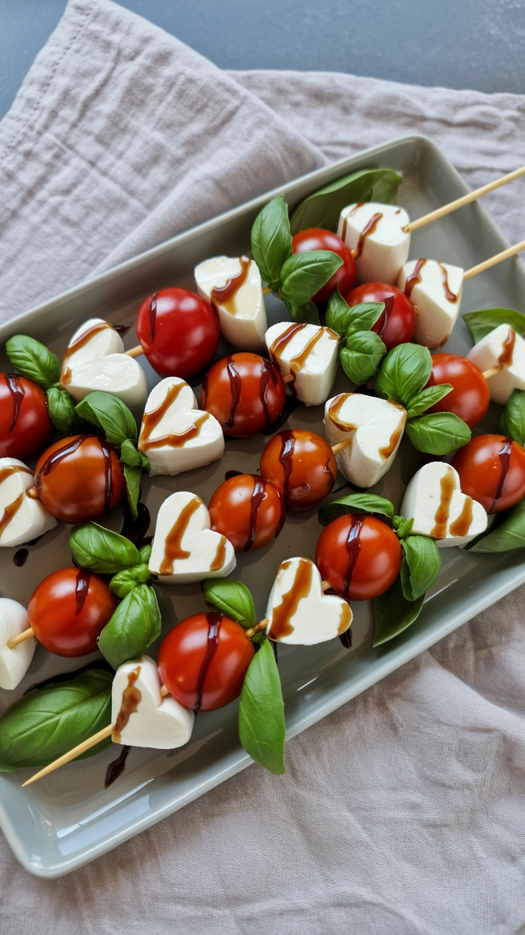 Tomato and mozzarella skewers with cheese cut into heart shapes.
