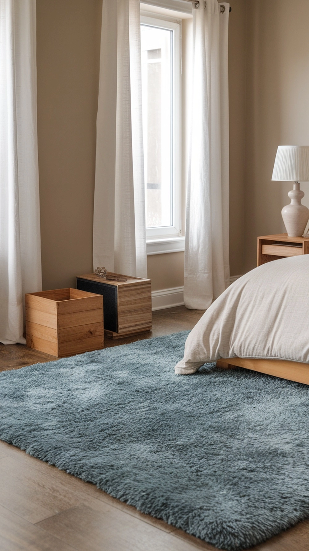A chic light blue rug in a cozy bedroom setting with wooden furniture and soft curtains.