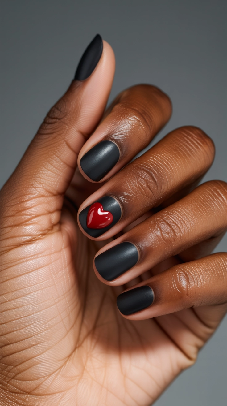 Short matte black nails with a shiny red accent heart.