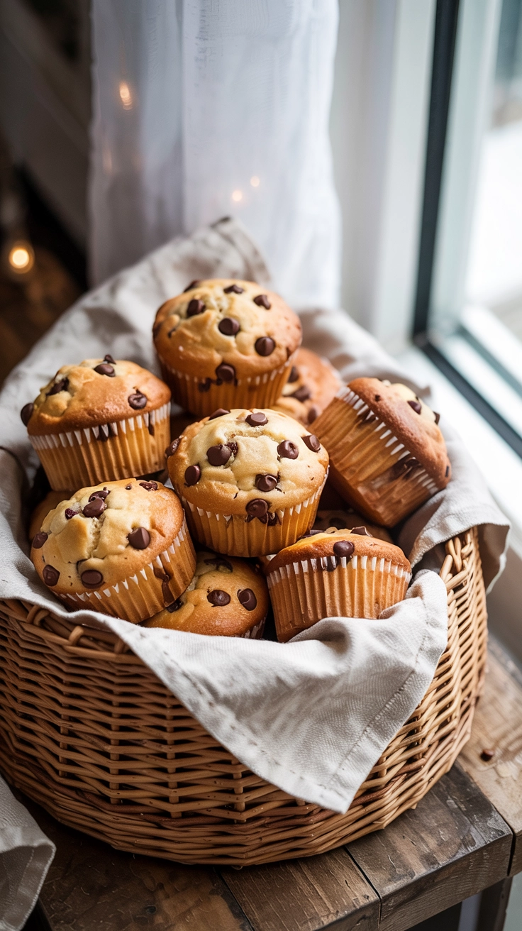 A basket of chocolate chip muffins on a wooden table.