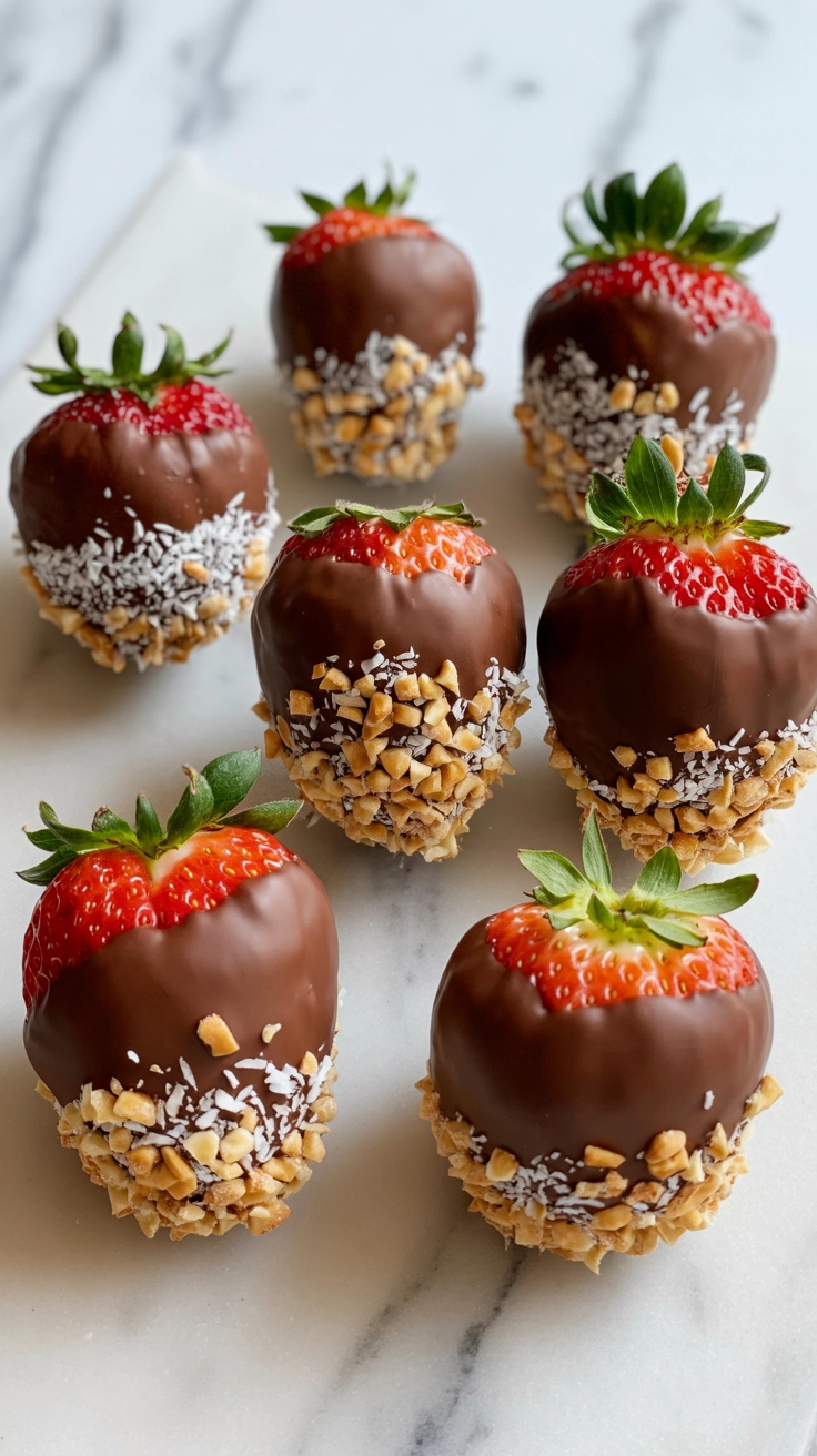 Gourmet chocolate covered strawberries with various toppings.