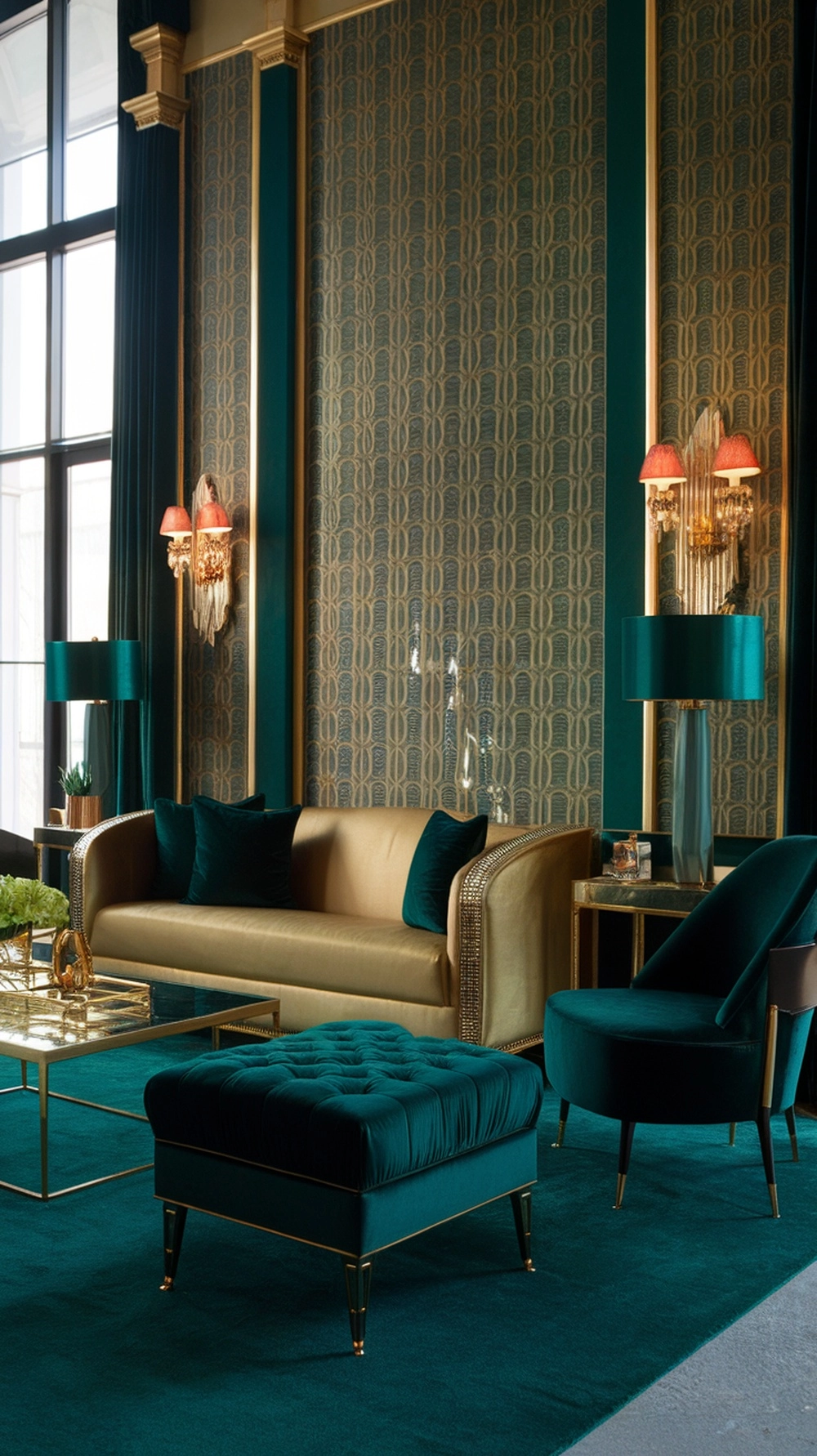 A modern art deco living room with rich colors and elegant decor.