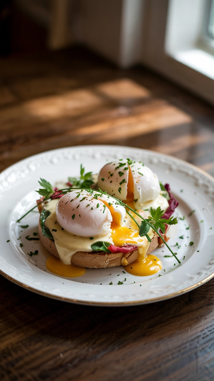 Two eggs benedict on a plate with hollandaise sauce and herbs