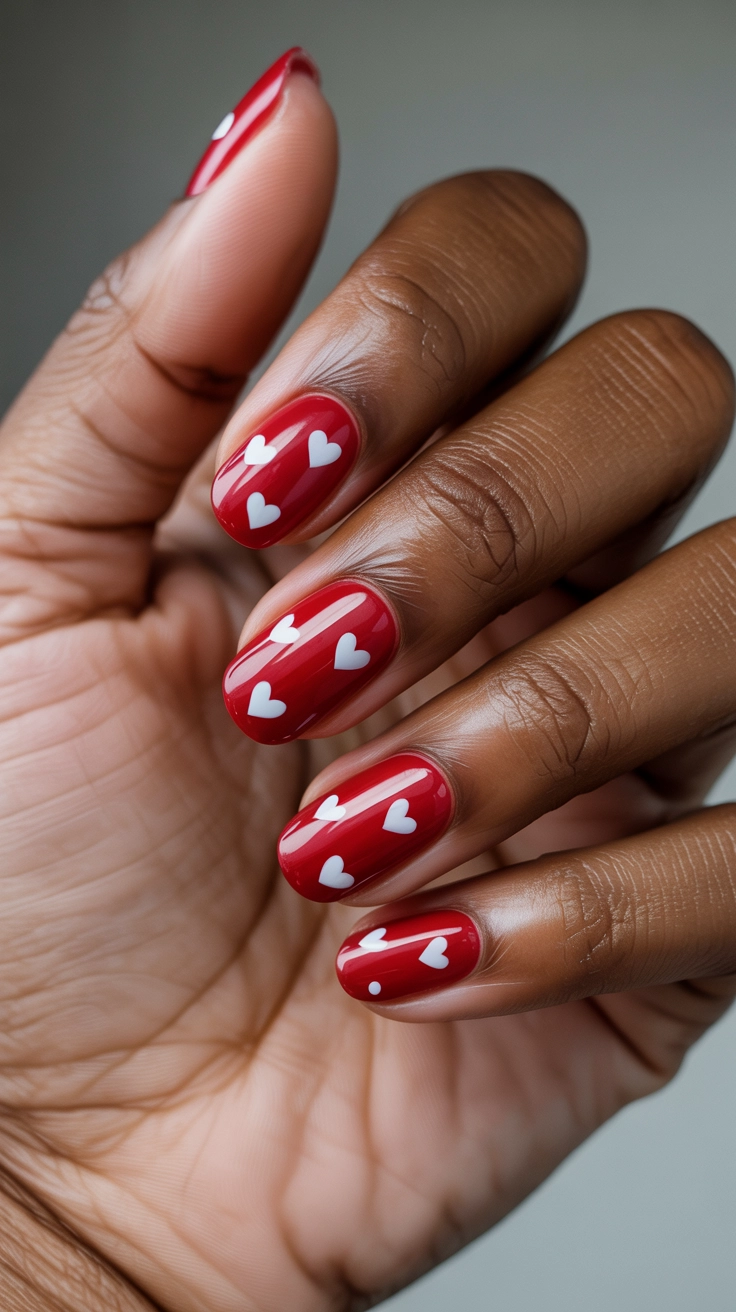 Glossy red nails with scattered small white hearts.