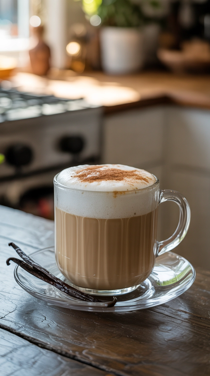 A creamy vanilla chai latte in a glass mug with a frothy top and a vanilla bean garnish.