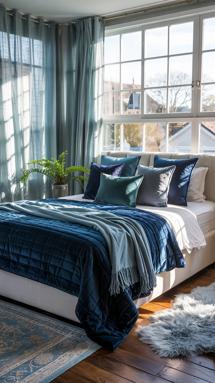 Cozy textured throws and cushions in a blue aesthetic bedroom