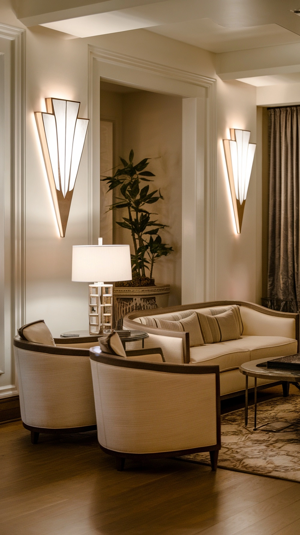 Stylish layered lighting in a modern art deco living room