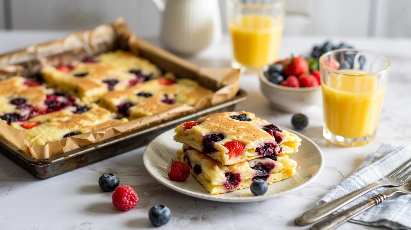 Golden sheet pan pancakes with berries sliced into squares and a glass of orange juice