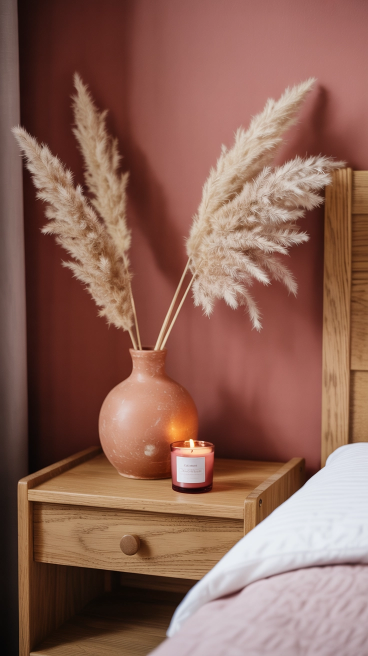 A simple wooden nightstand with a pink vase and pampas grass against a dusty rose wall.