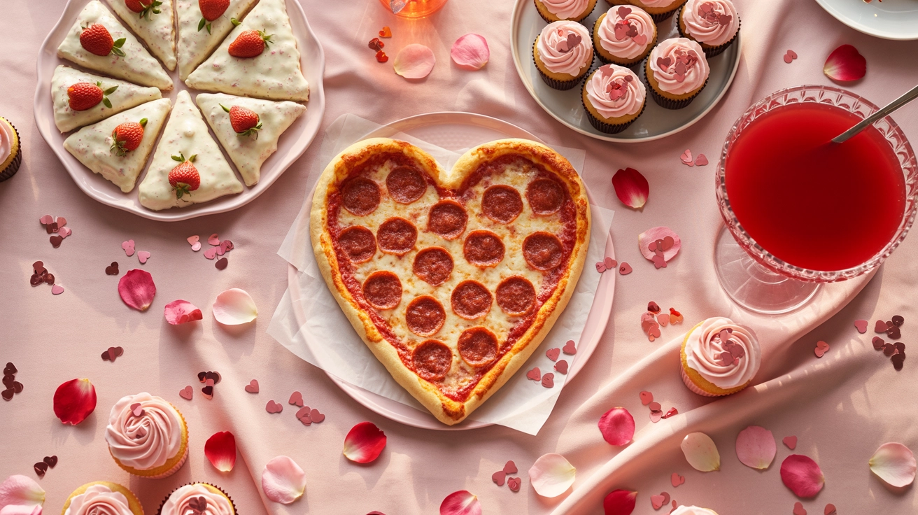A variety of Valentine&rsquo;s Day Party Food Ideas including heart pizza and strawberry sweets on a pink table.