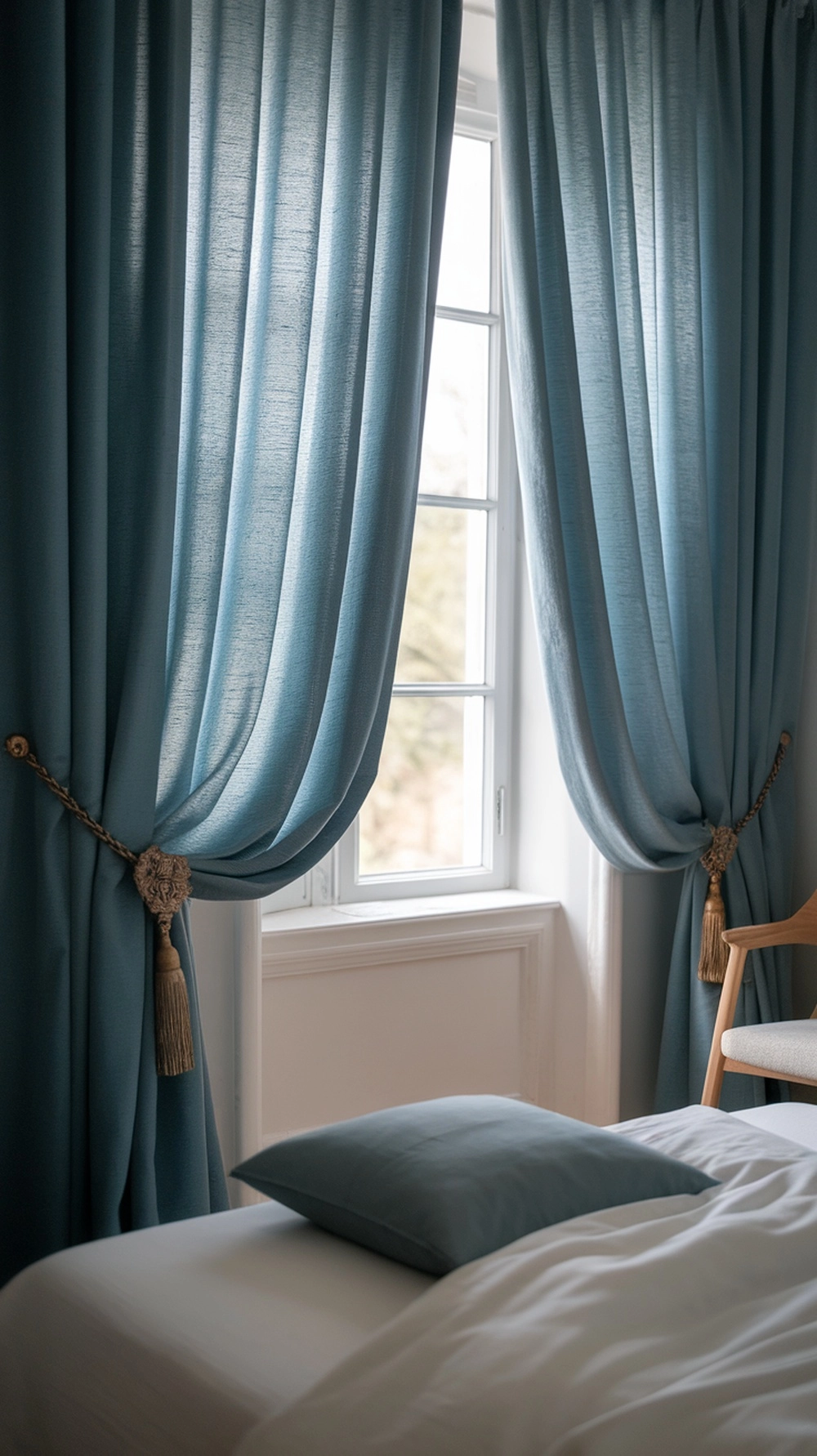 Light blue curtains hanging by a window, softly filtering light into a bedroom.