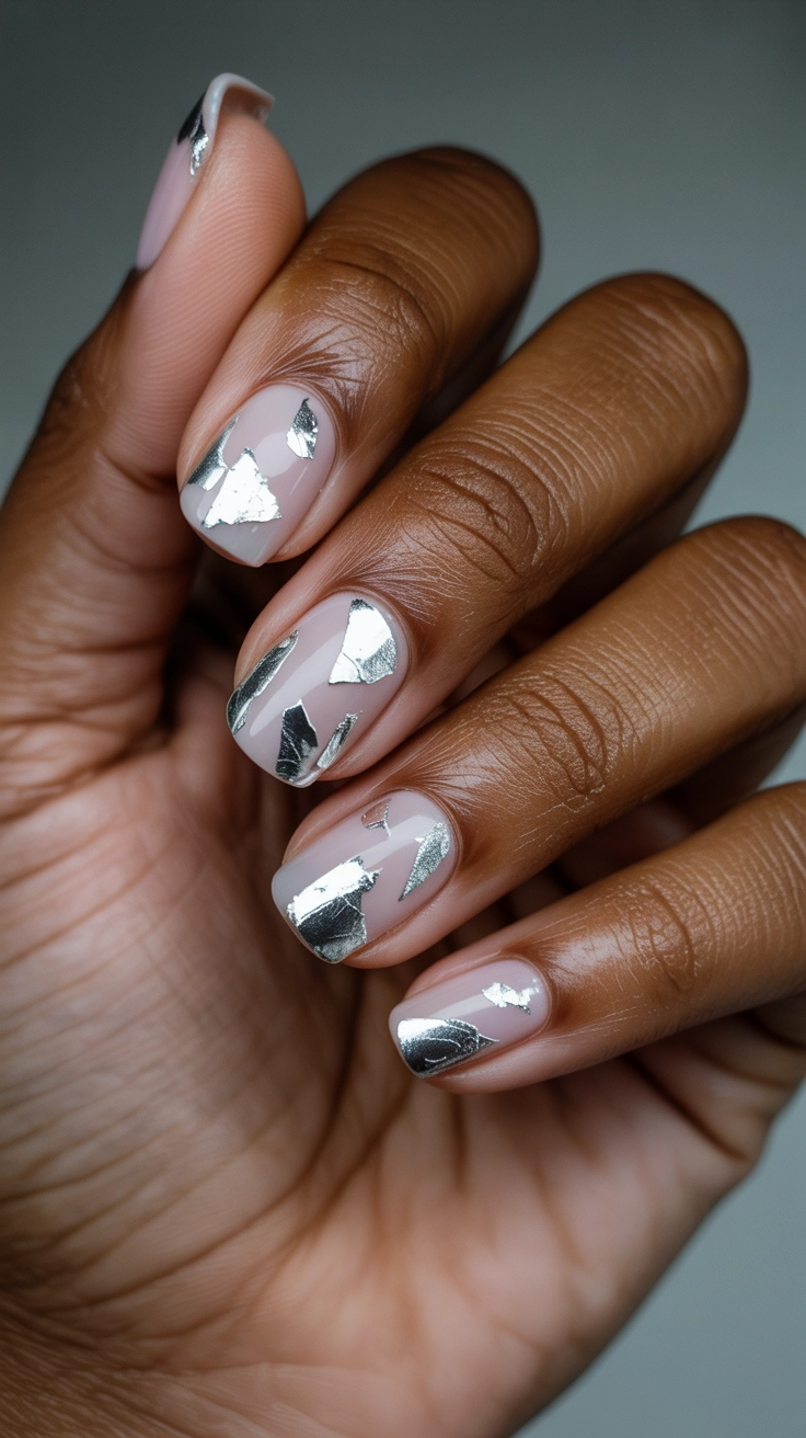Light pink nails with shimmering silver foil accents.