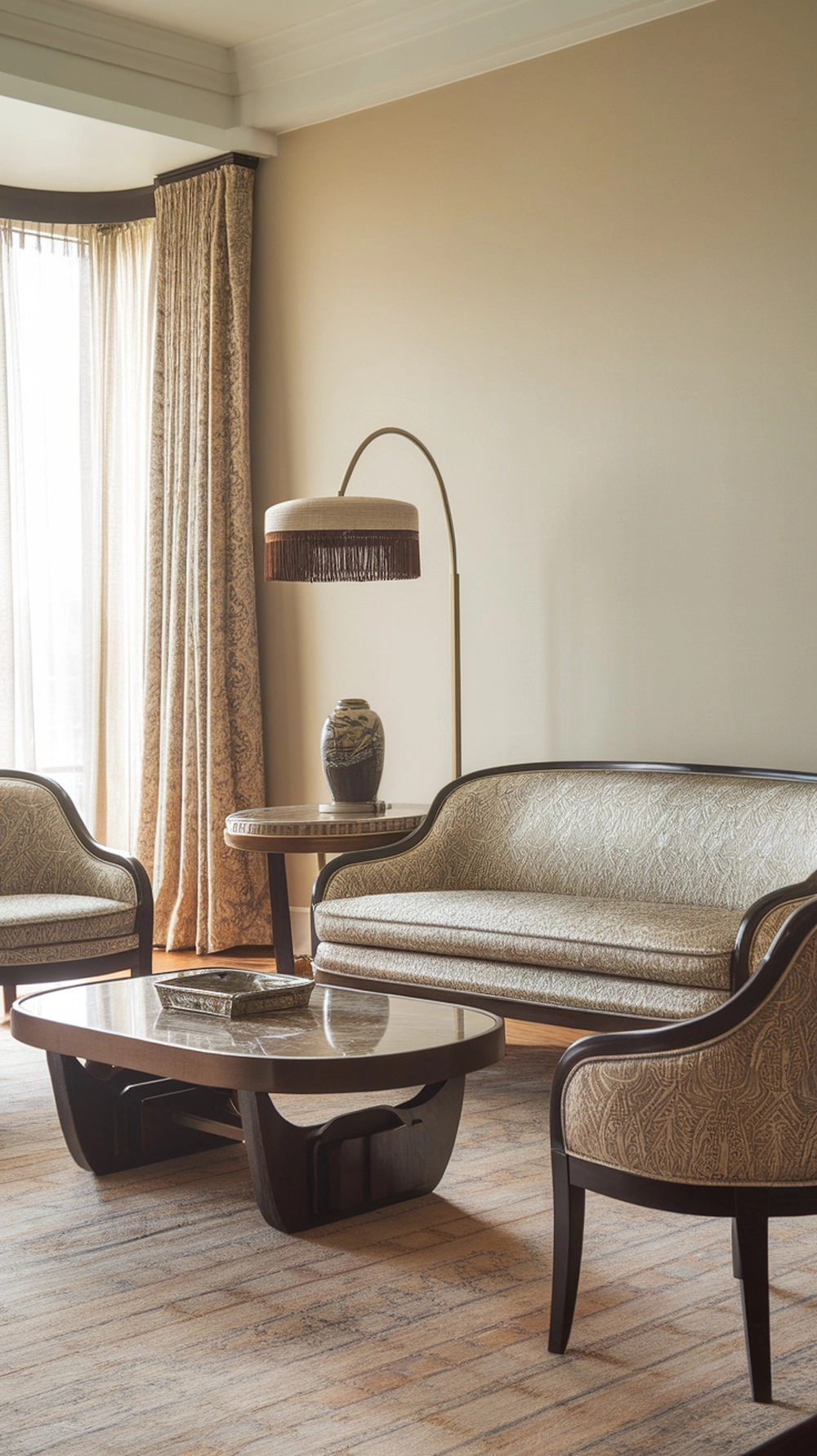 A modern art deco living room featuring curved furniture and elegant decor.