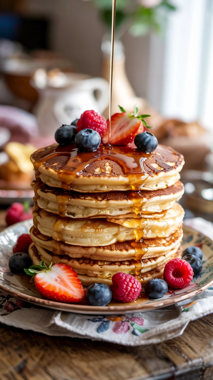 A tall stack of fluffy pancakes topped with fresh berries and syrup.