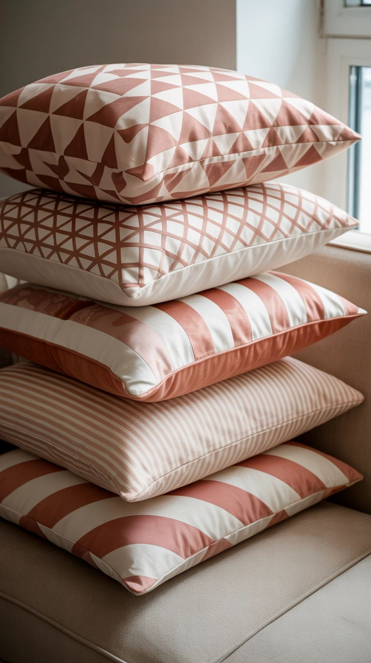 A pile of pink patterned pillows with geometric shapes and tassels.
