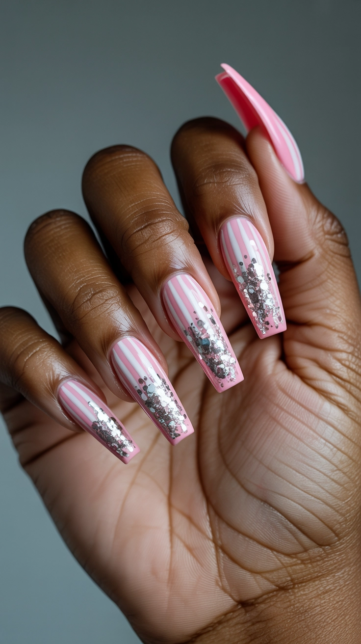 Coffin-shaped nails with pink and white stripes and silver glitter.