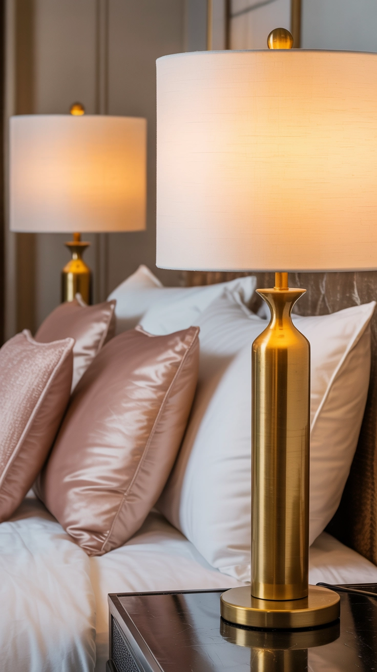 Elegant gold lamps providing a glamorous touch to a pink boho bedroom.