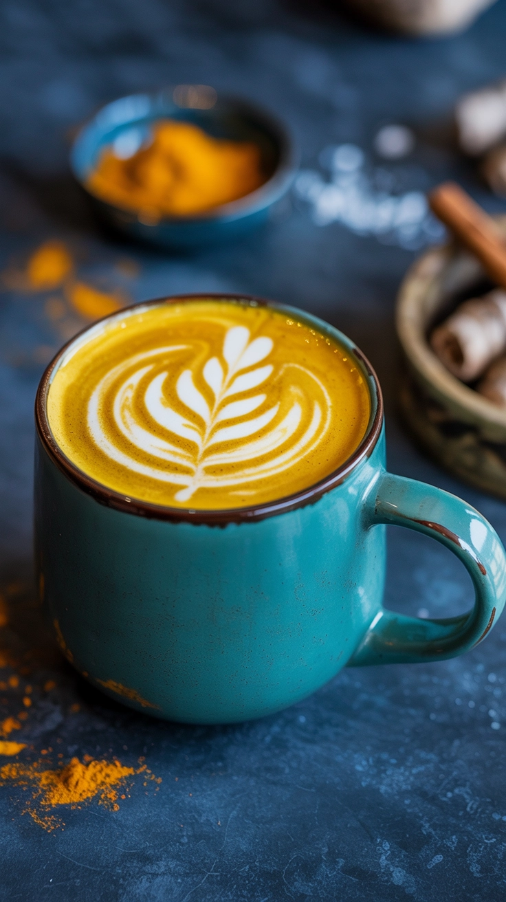 A bright yellow turmeric chai latte with latte art in a colorful ceramic mug.