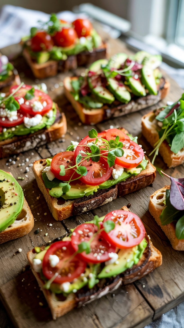 Gourmet avocado toast with various toppings on a wooden board
