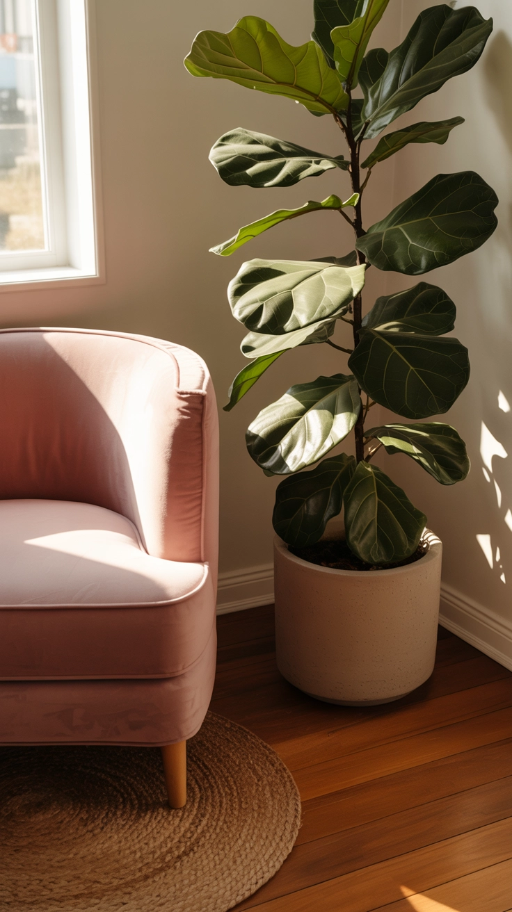 A large green indoor plant next to a stylish pink chair in a boho bedroom.