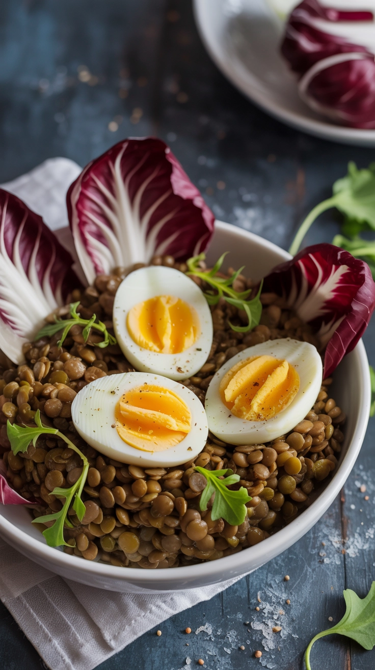 10 High-Protein Winter Salad Ideas for Energy 9 Green lentils in a bowl topped with halved hard-boiled eggs and purple radicchio