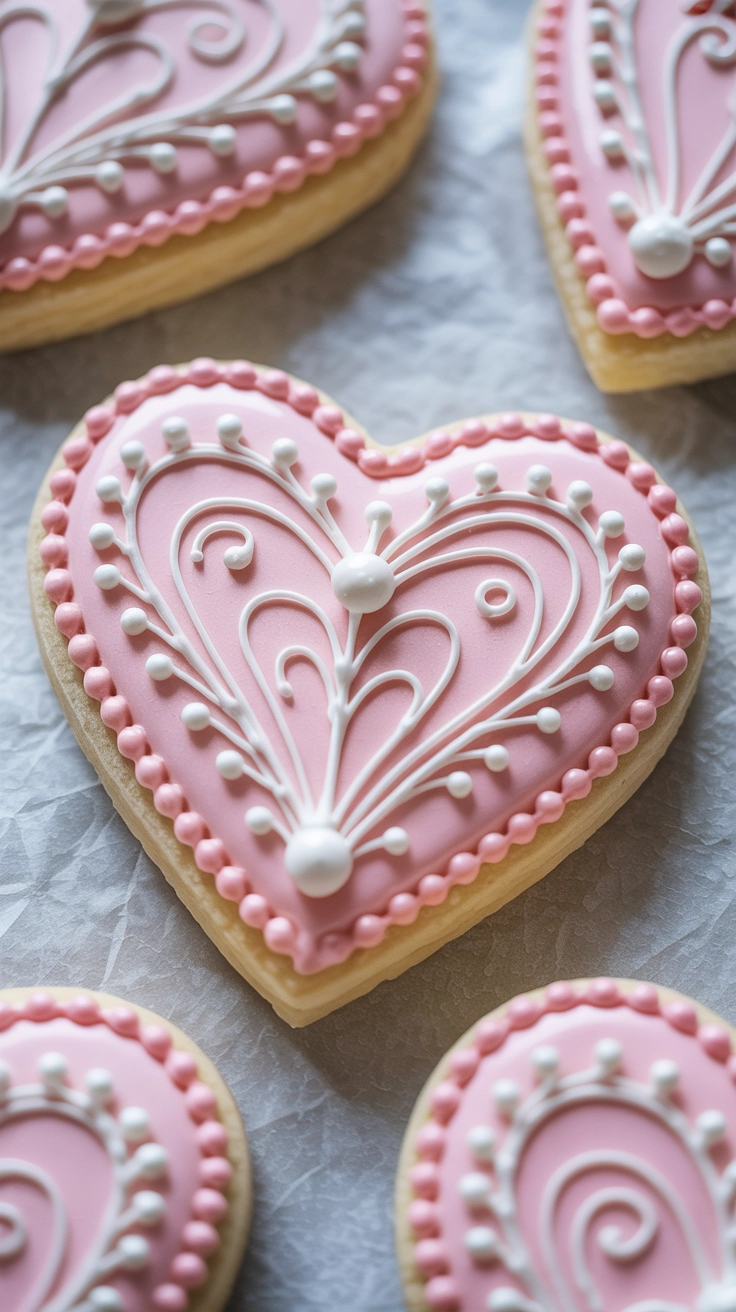 10 Pretty Valentine Cookies Decorated for Your Party 2 Beautifully decorated heart-shaped sugar cookies with white lace icing.