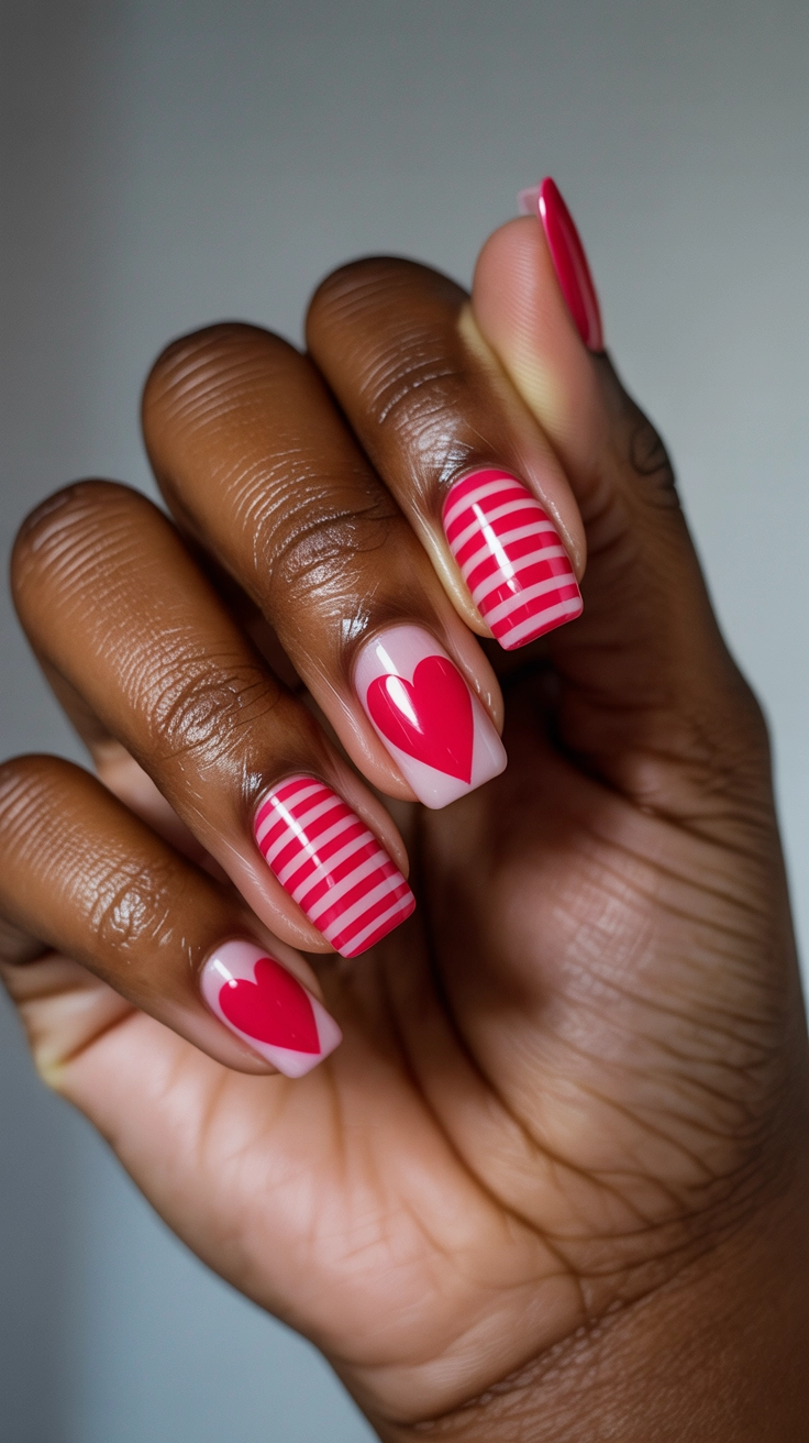 Red striped nails combined with solid pink heart designs.