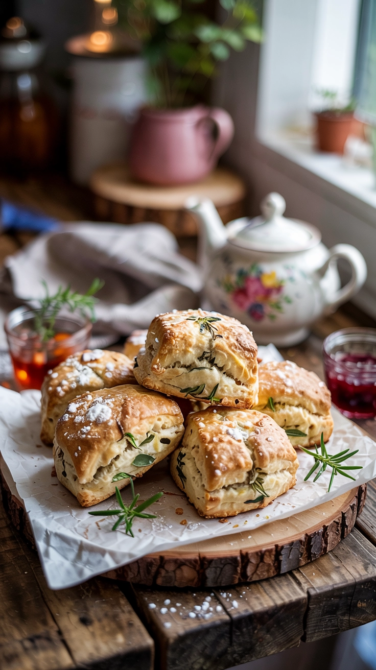 Herbed scones with jam on a wooden platter