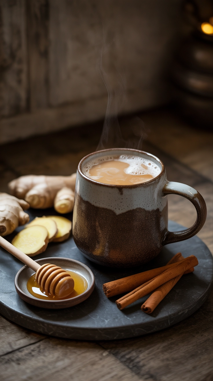 A warm mug of ginger chai tea next to fresh ginger slices and a honey dipper.