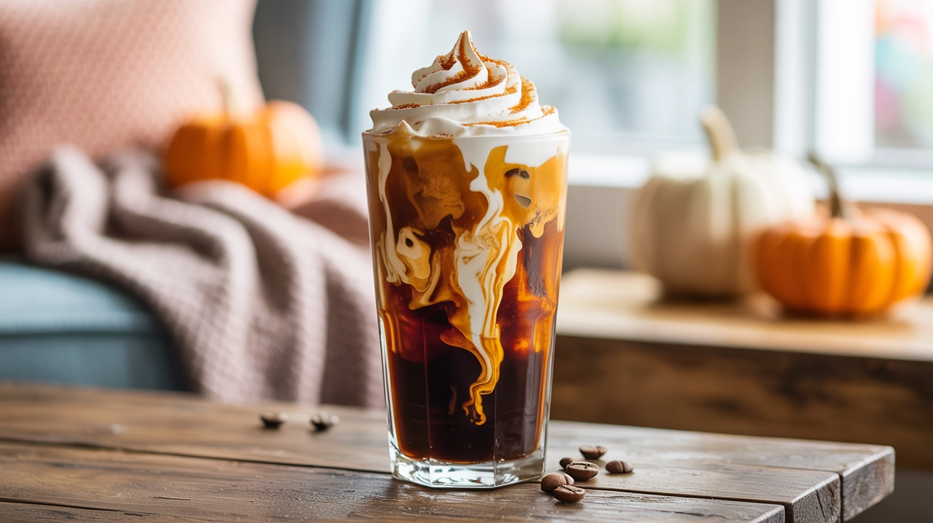 Iced Pumpkin Coffee Recipe: A tall glass of iced pumpkin coffee with whipped cream and cinnamon sprinkles on a rustic wooden table with autumn decor.