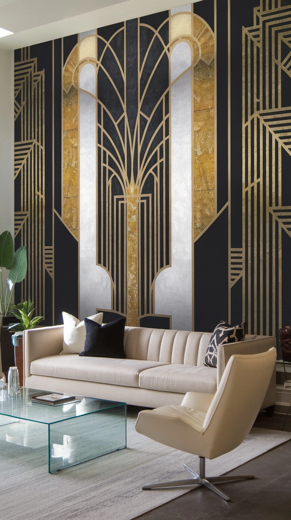 A stylish modern art deco living room featuring bold artwork and elegant furniture.