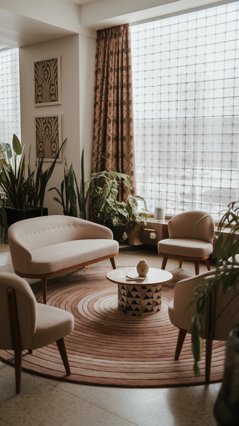 A stylish modern Art Deco living room featuring plants and natural wood elements.