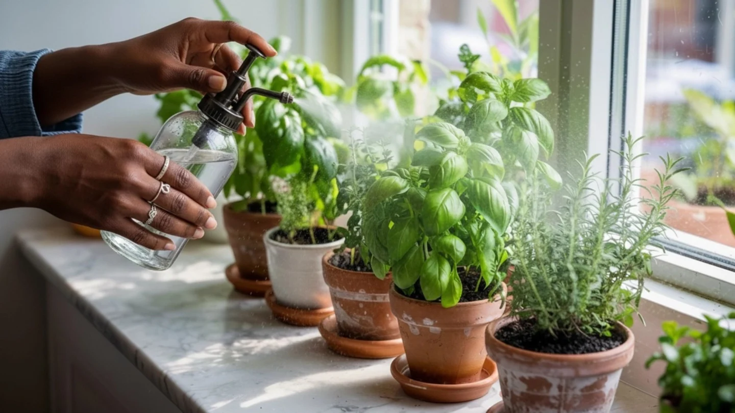 A woman watering fresh herbs in terracotta pots on a sunny kitchen windowsill.