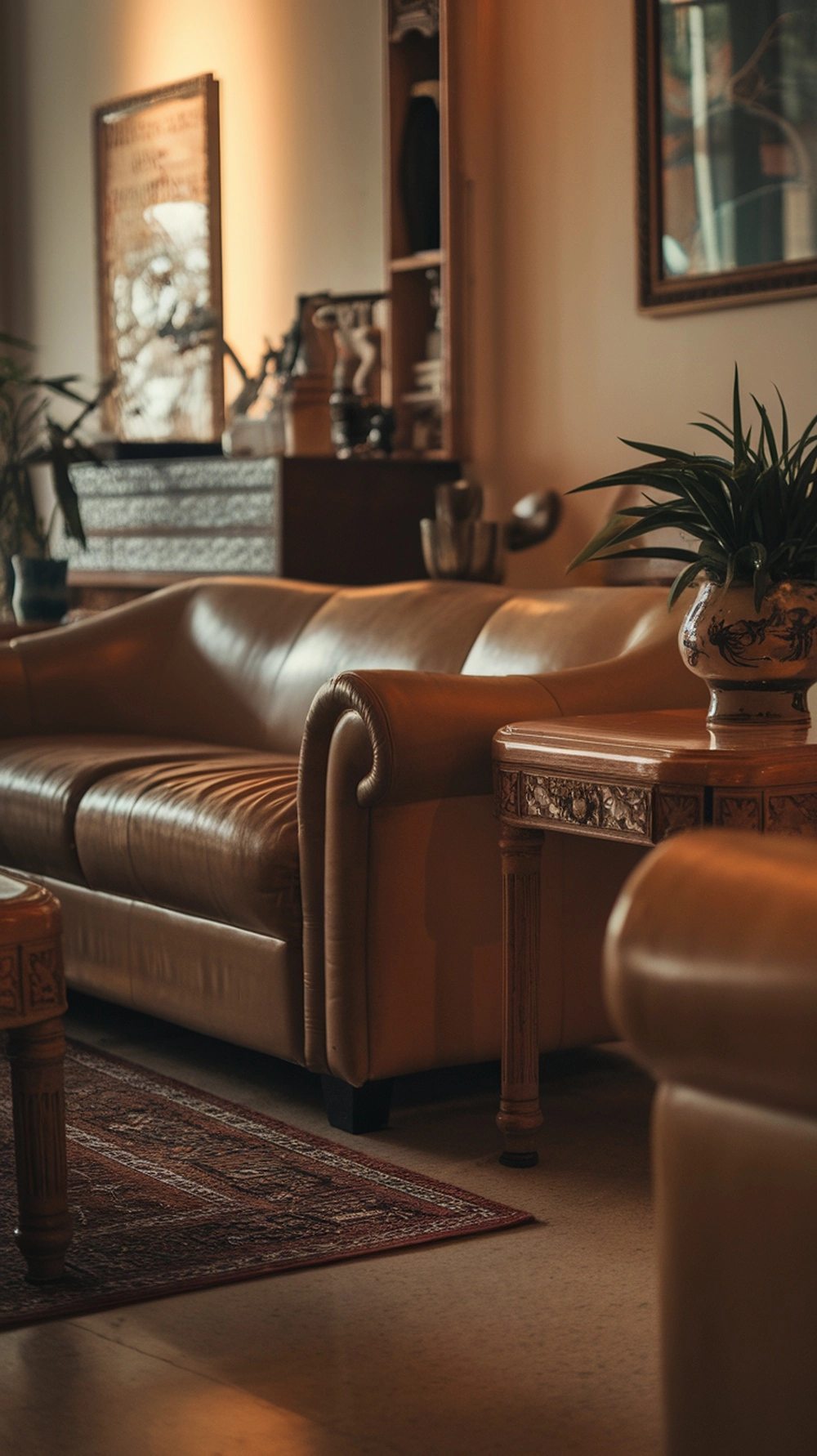 A cozy living room featuring vintage furniture and modern decor.