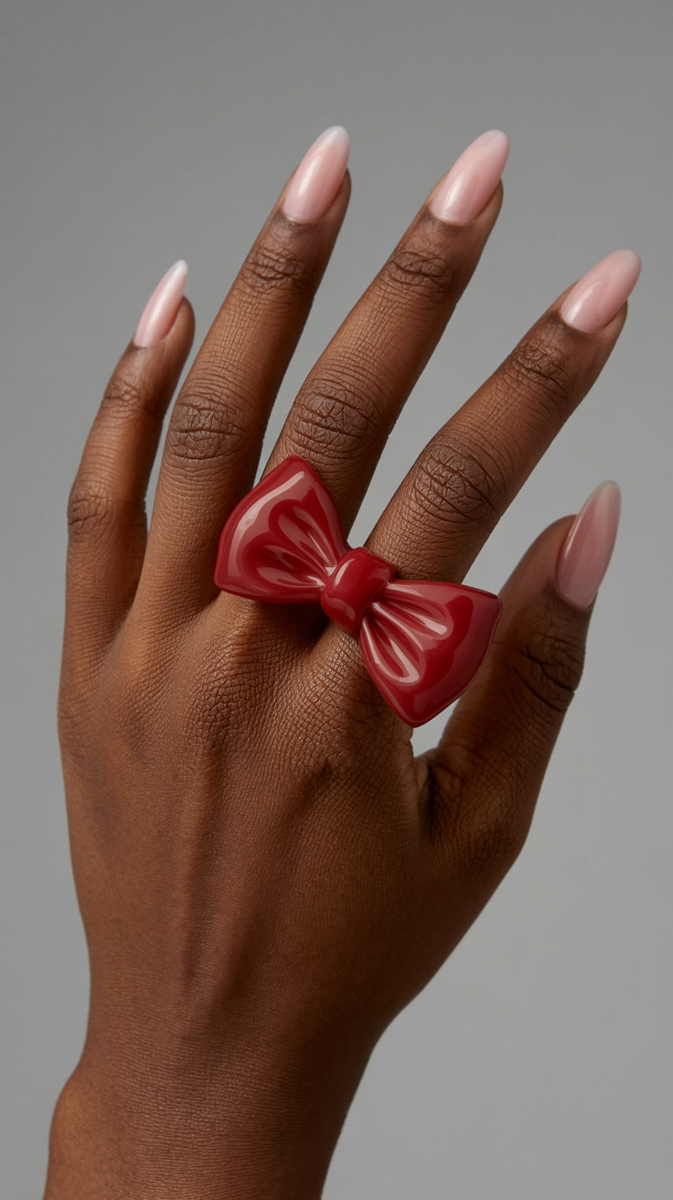 Soft pink nails featuring a 3D red bow accent.