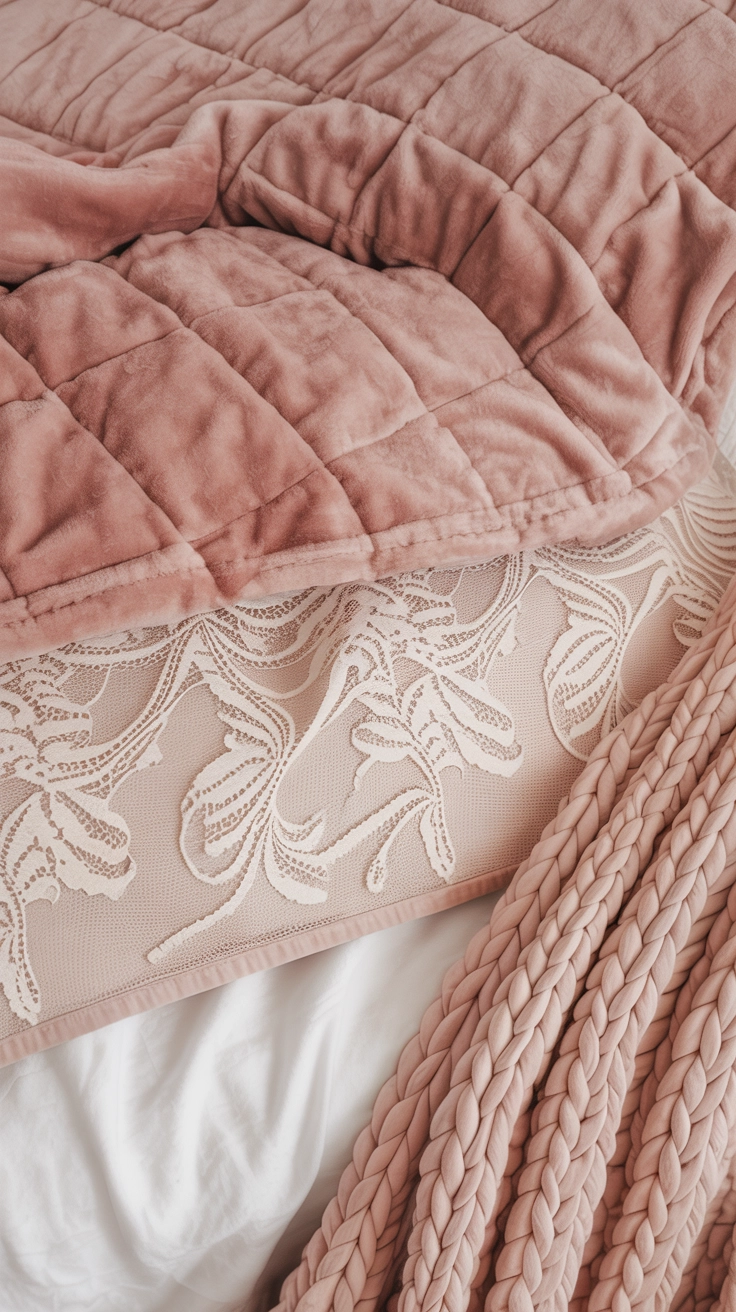 A close-up of various pink and white fabrics layered on a cozy bed.