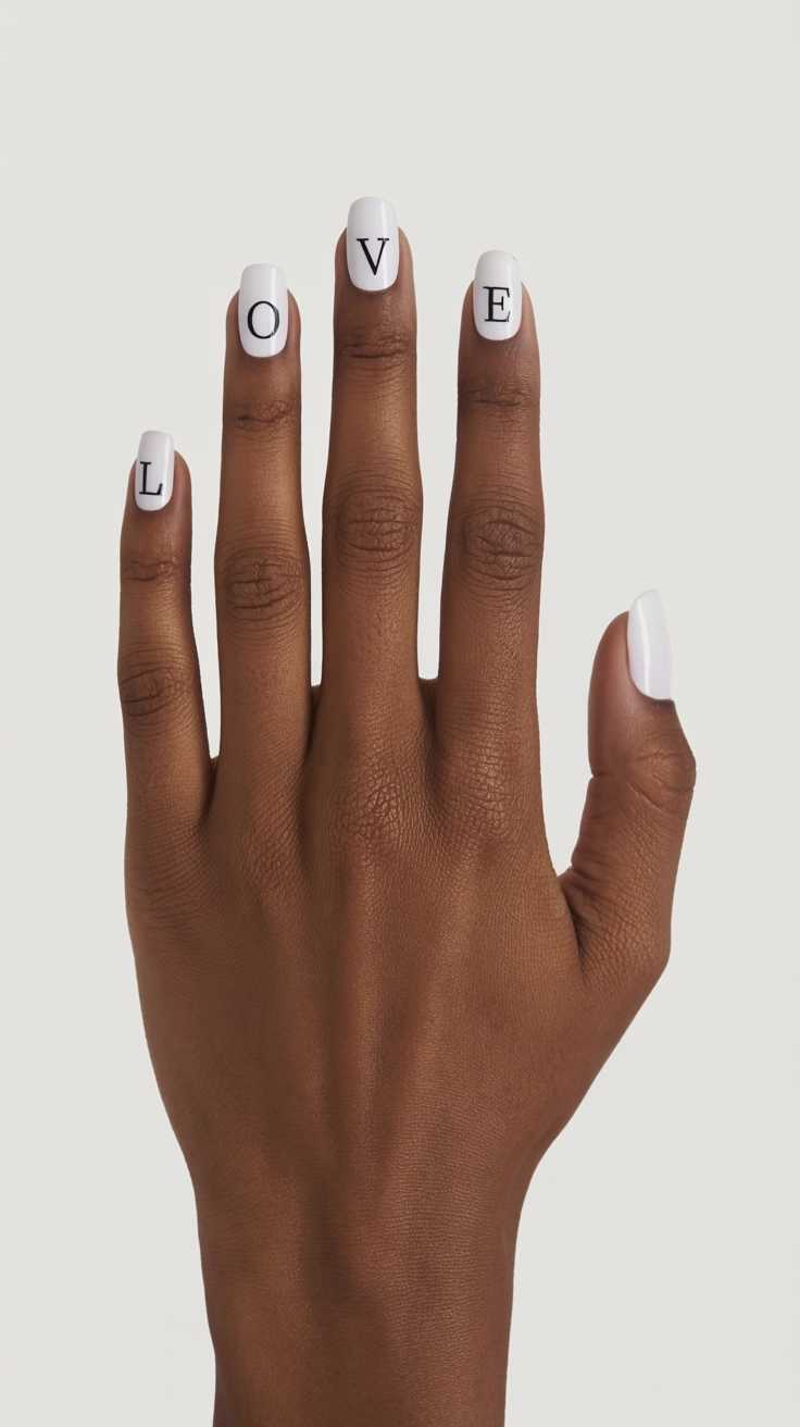 White nails featuring black typewriter font spelling love.