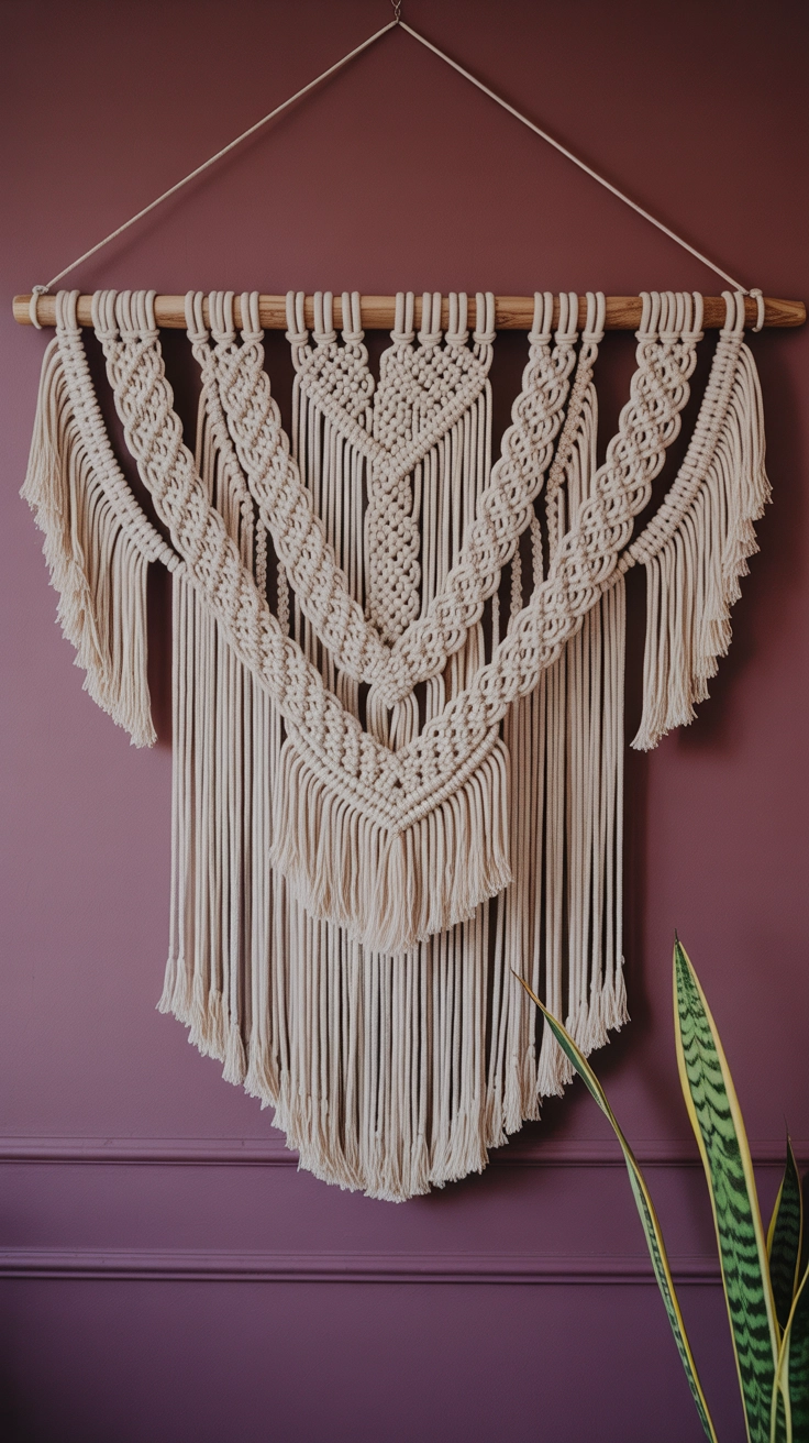 A handmade cream macrame piece hanging on a dark mauve bedroom wall.