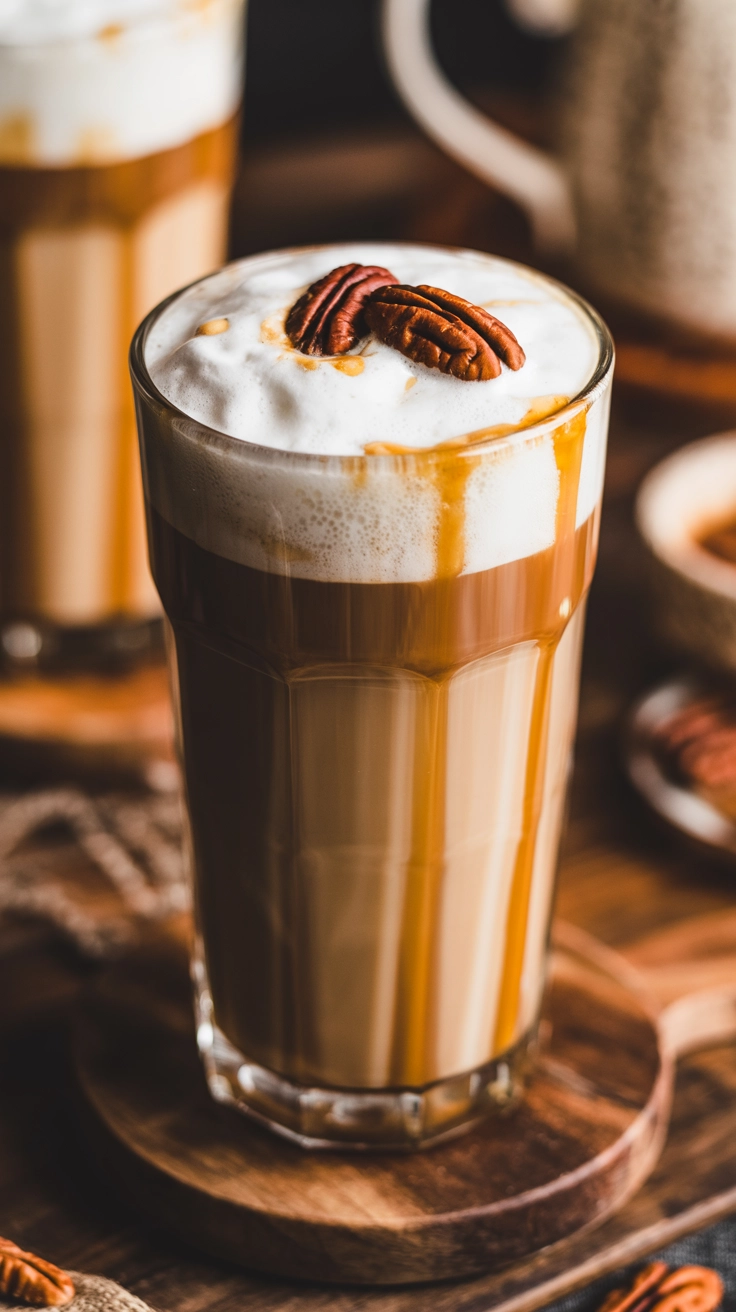 A layered maple pecan chai latte in a tall glass garnished with a whole pecan.