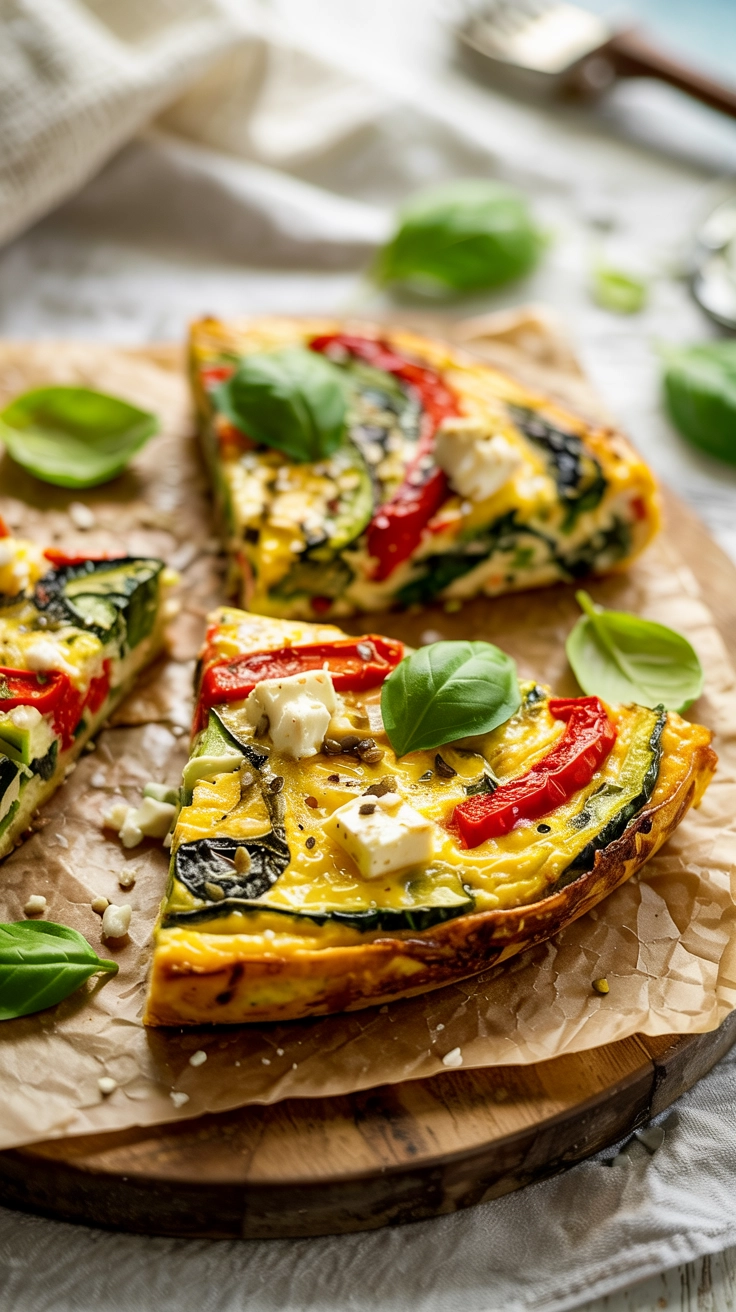 A Mediterranean frittata with colorful vegetables and feta cheese on a blue plate.
