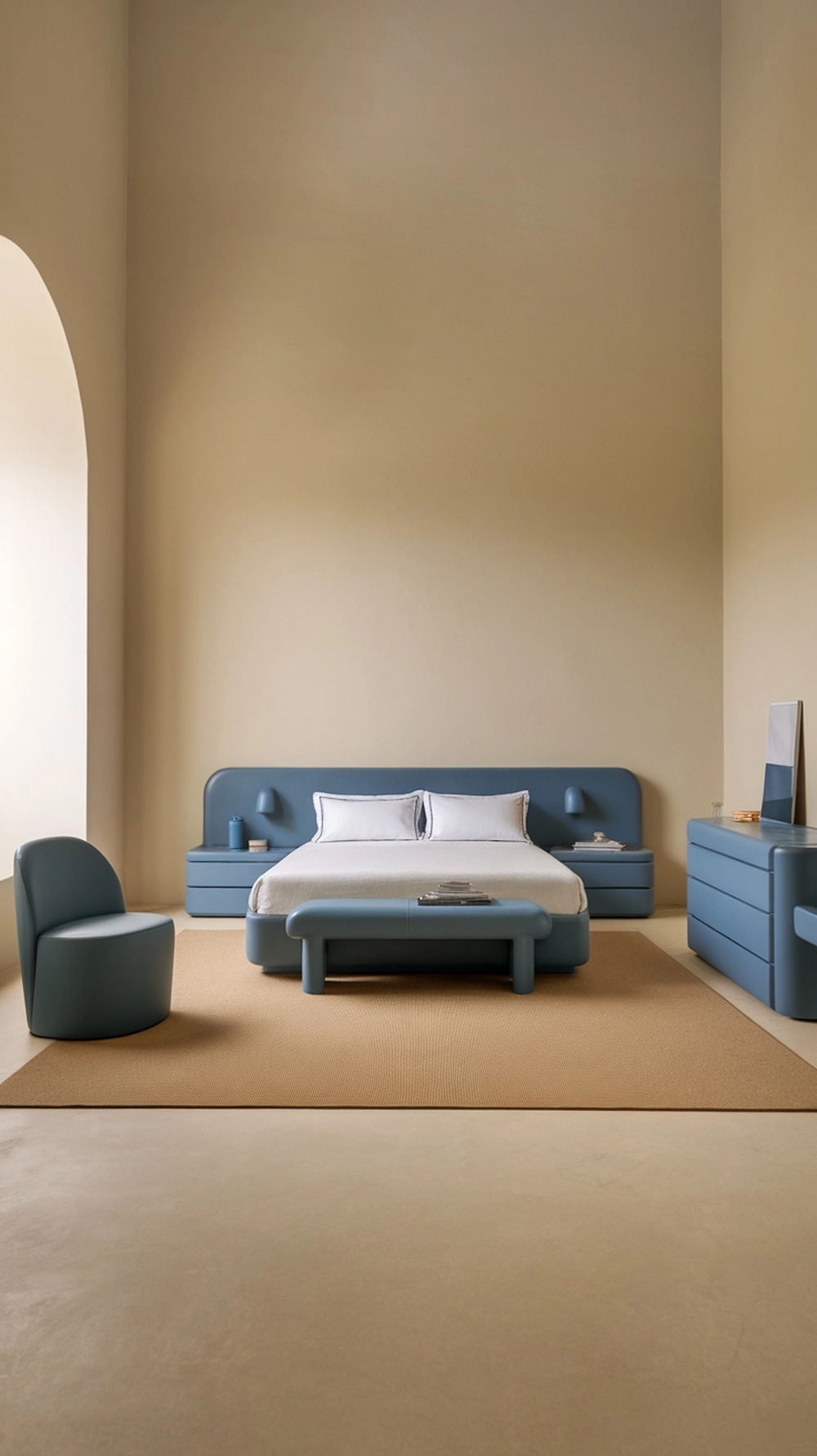 A minimalist blue bedroom featuring a blue bed, nightstands, and a chair, creating a calm atmosphere.