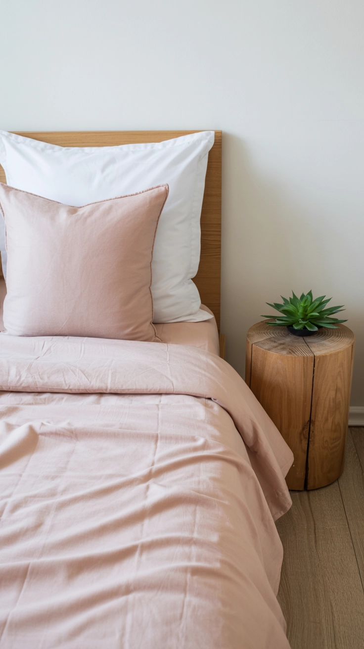 A clean and simple minimalist bed with blush pink linens and a small plant.