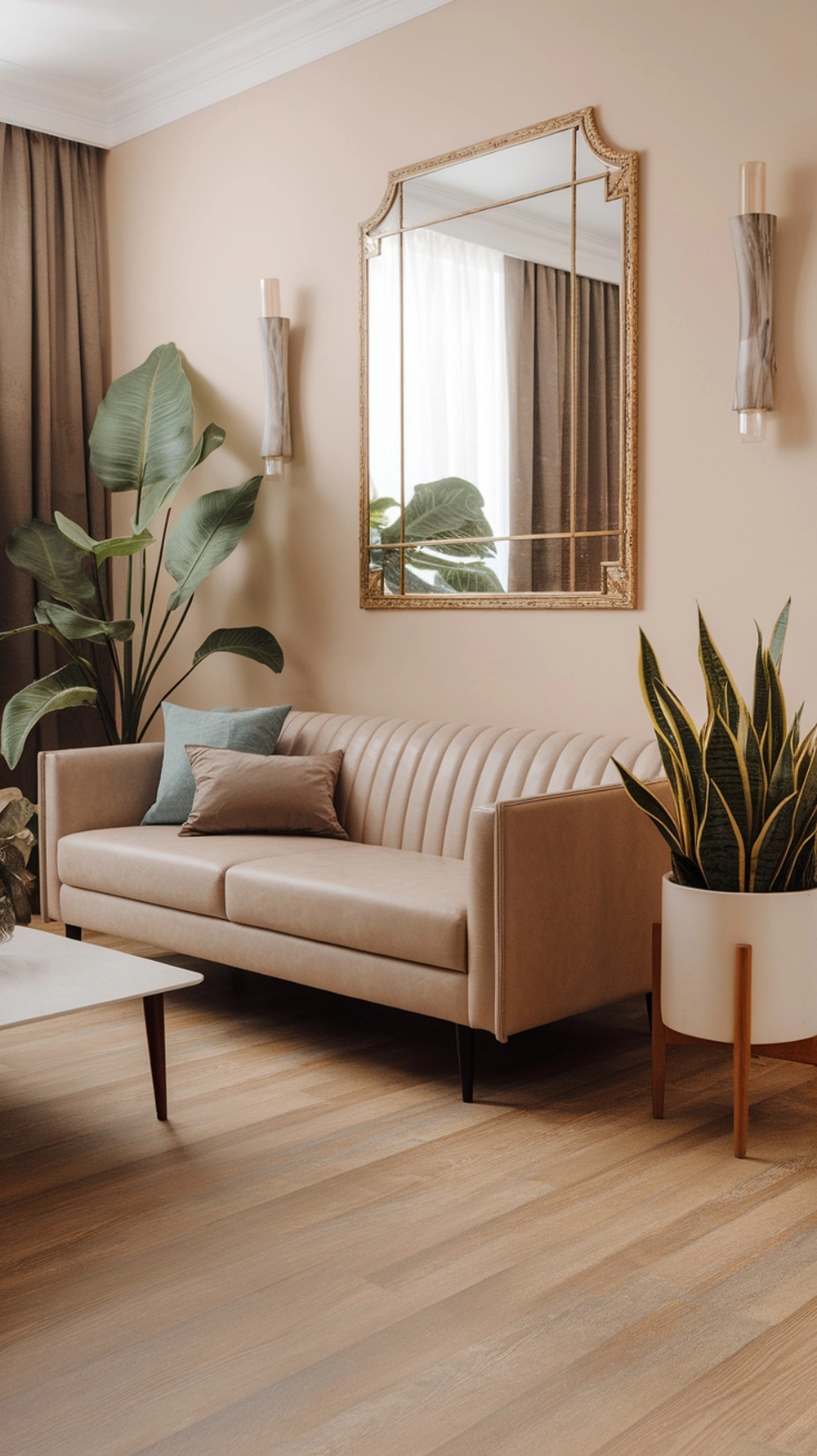 A stylish living room featuring a blend of modern and art deco elements.