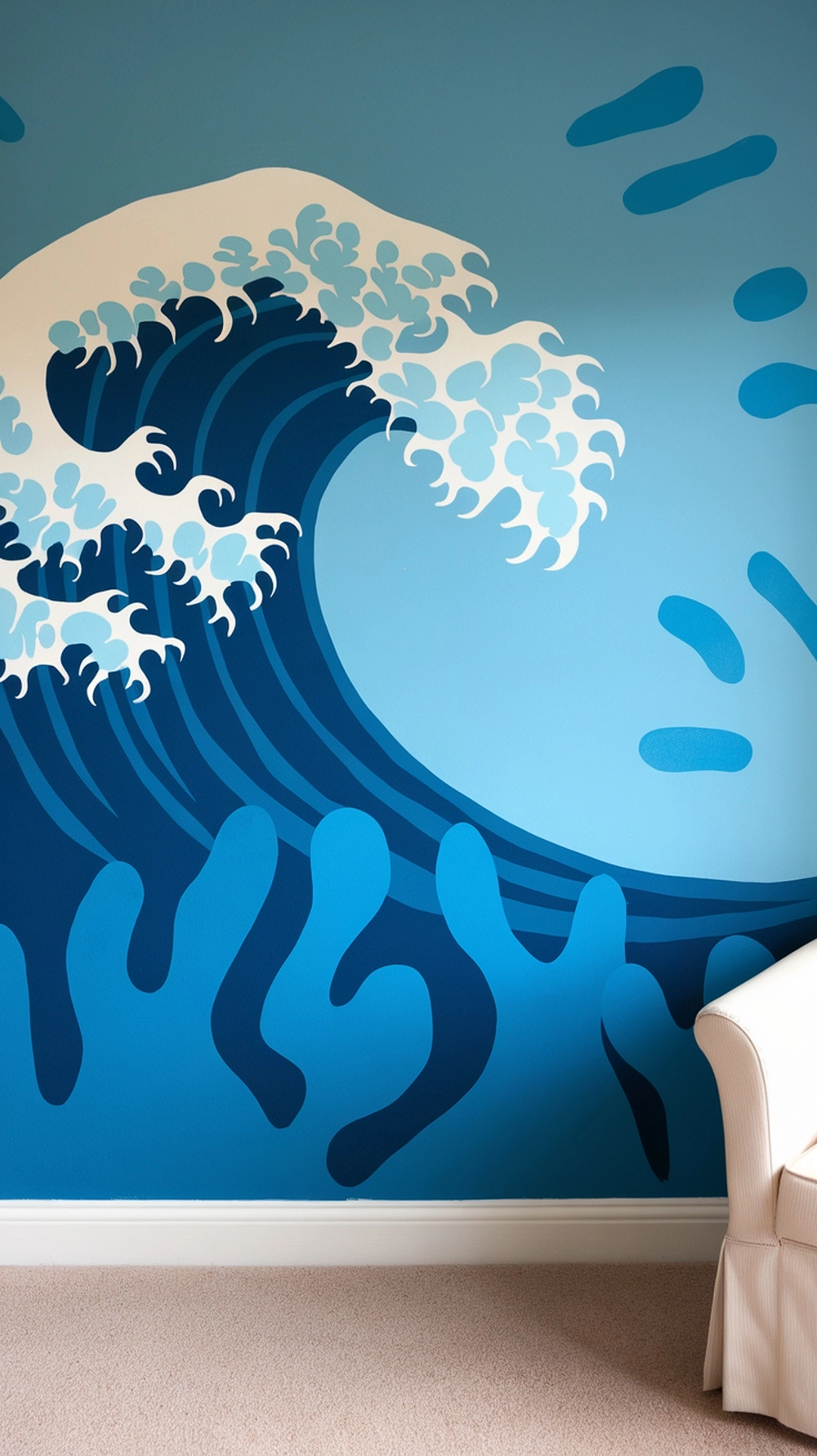 Nature-inspired blue wall art depicting ocean waves