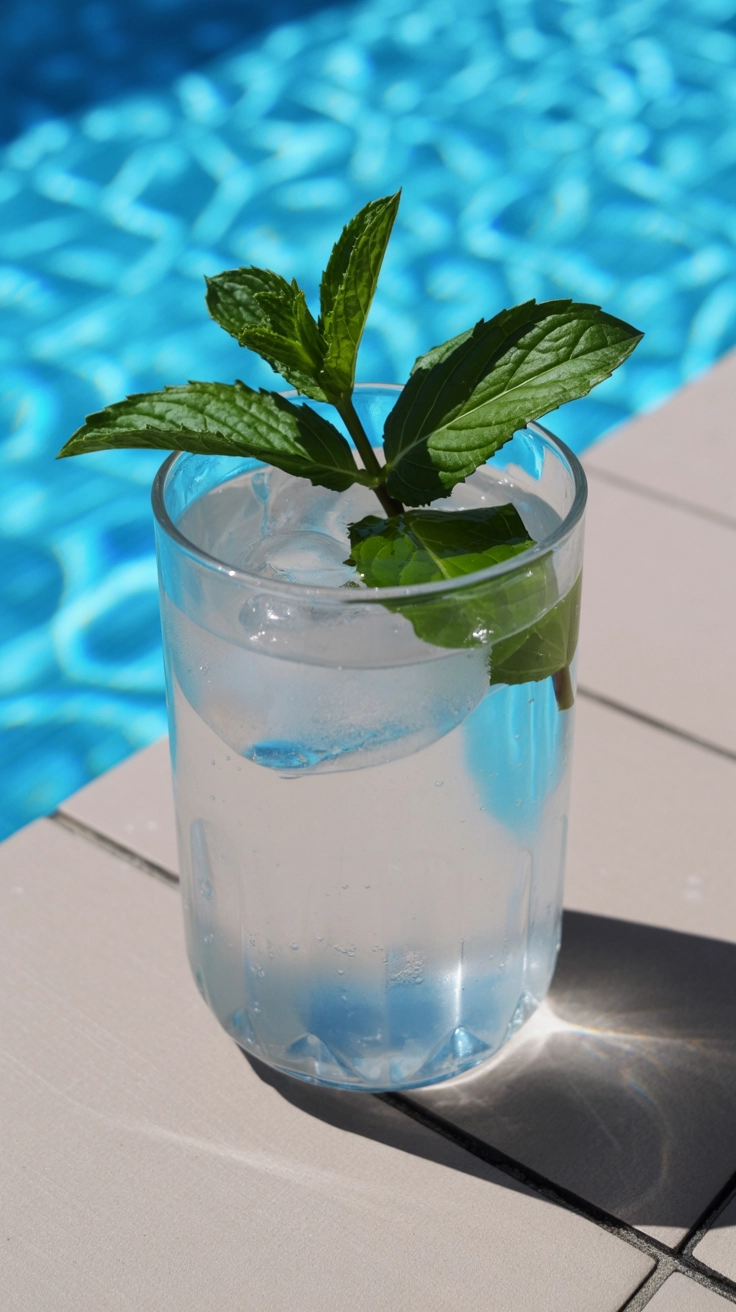 A light blue hydrating coconut water mocktail with mint.