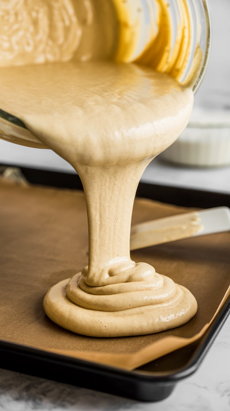 Pouring pancake batter into a greased sheet pan.