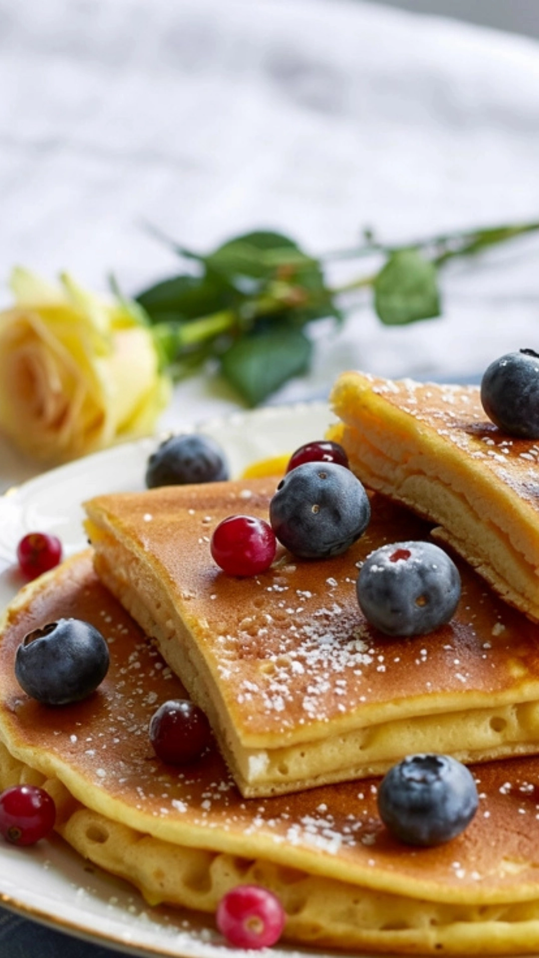 Delicious sheet pan pancakes with berries sliced into squares.