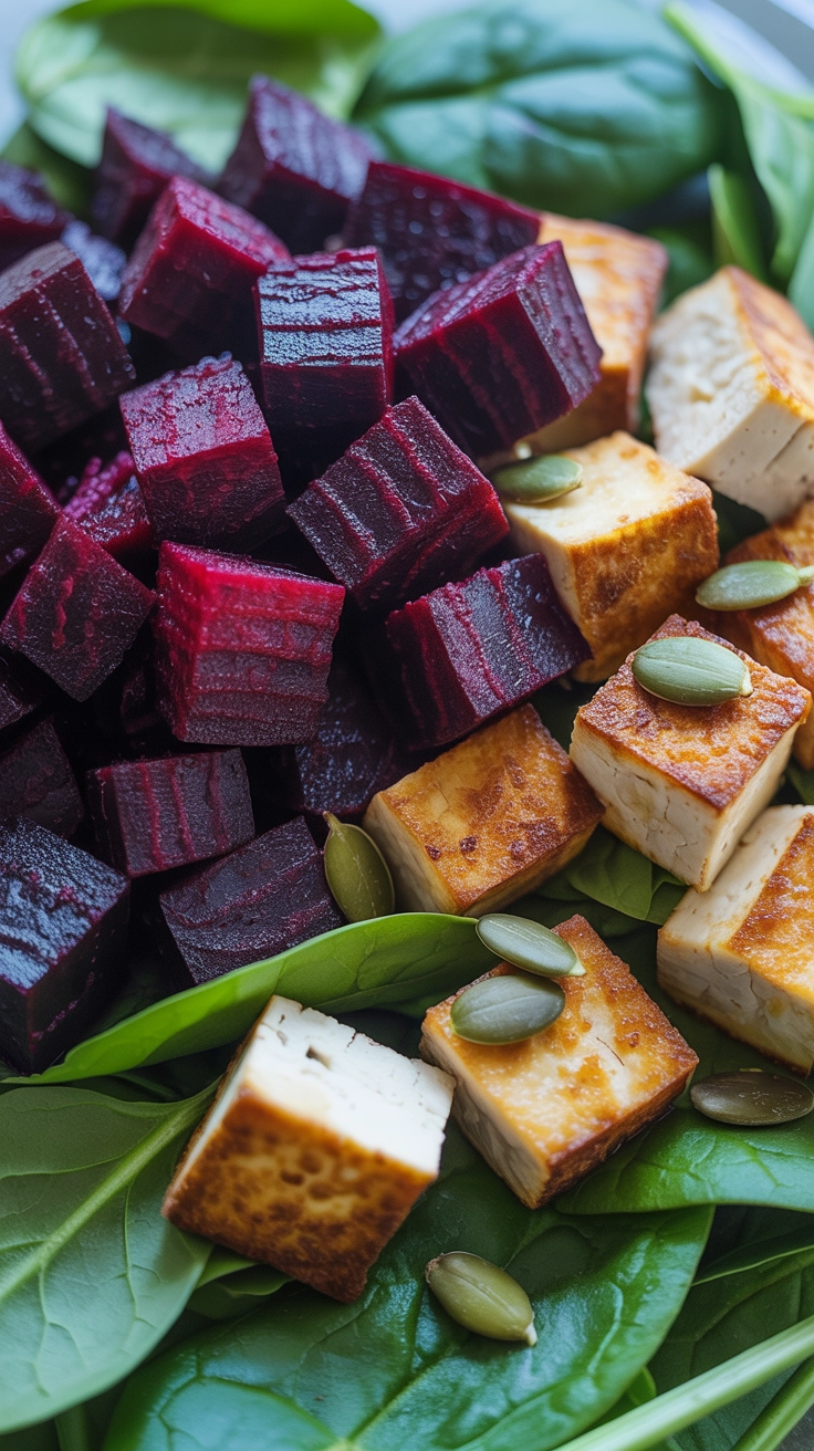 10 High-Protein Winter Salad Ideas for Energy 11 Purple roasted beets and crispy tofu cubes on spinach topped with green pumpkin seeds.