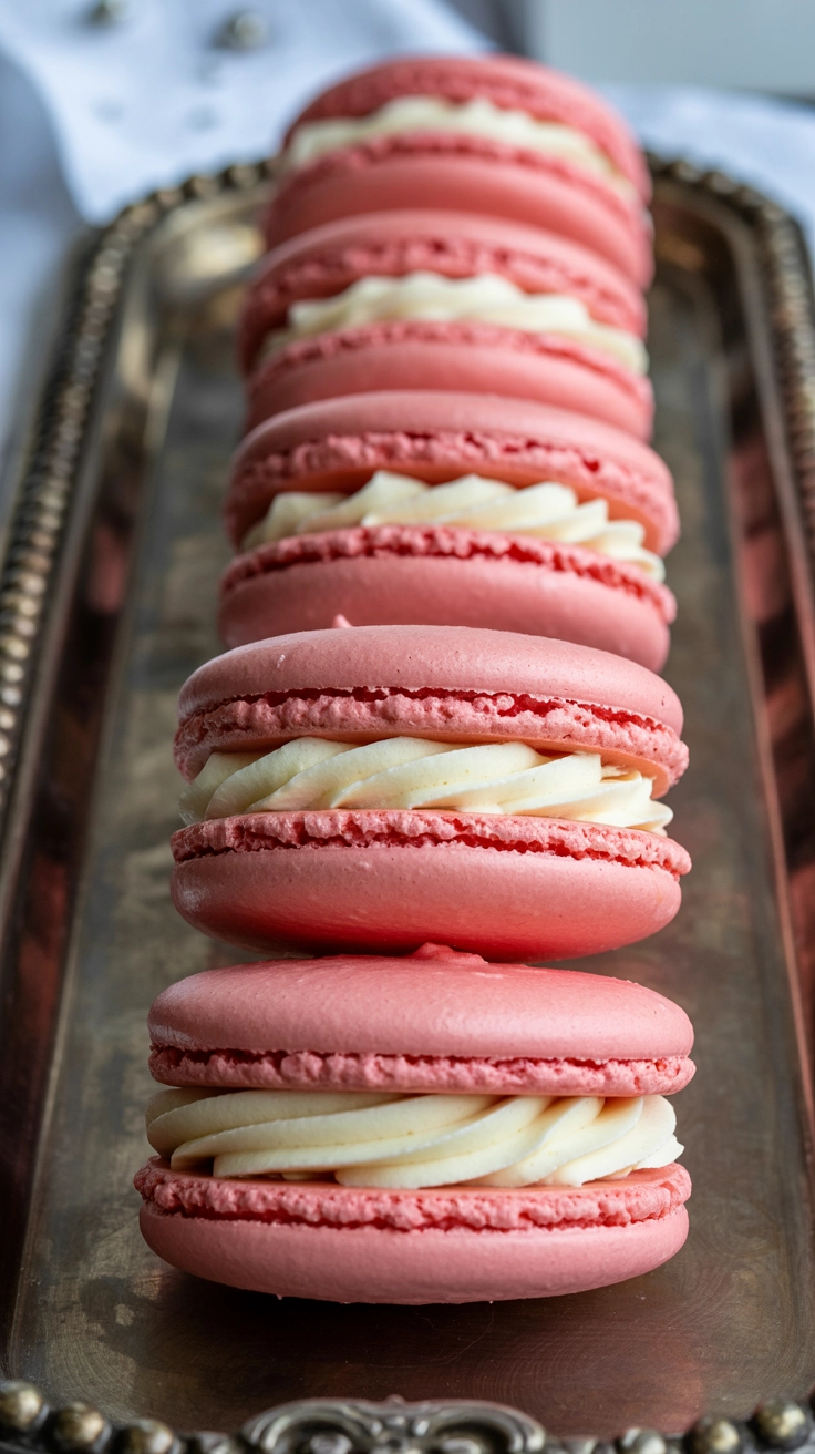 10 Pretty Valentine Cookies Decorated for Your Party 6 Sophisticated pink macarons lined up on a party tray.