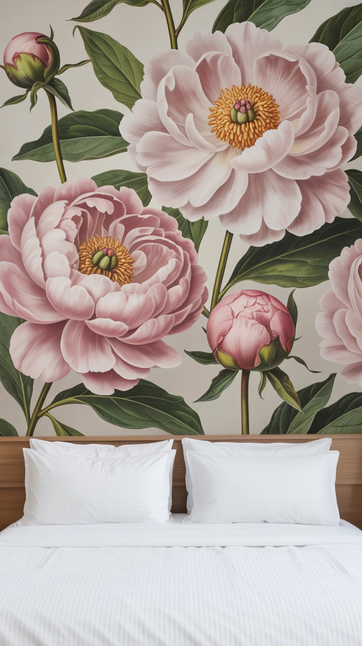 Large pink floral wallpaper creating a romantic backdrop in a boho bedroom.